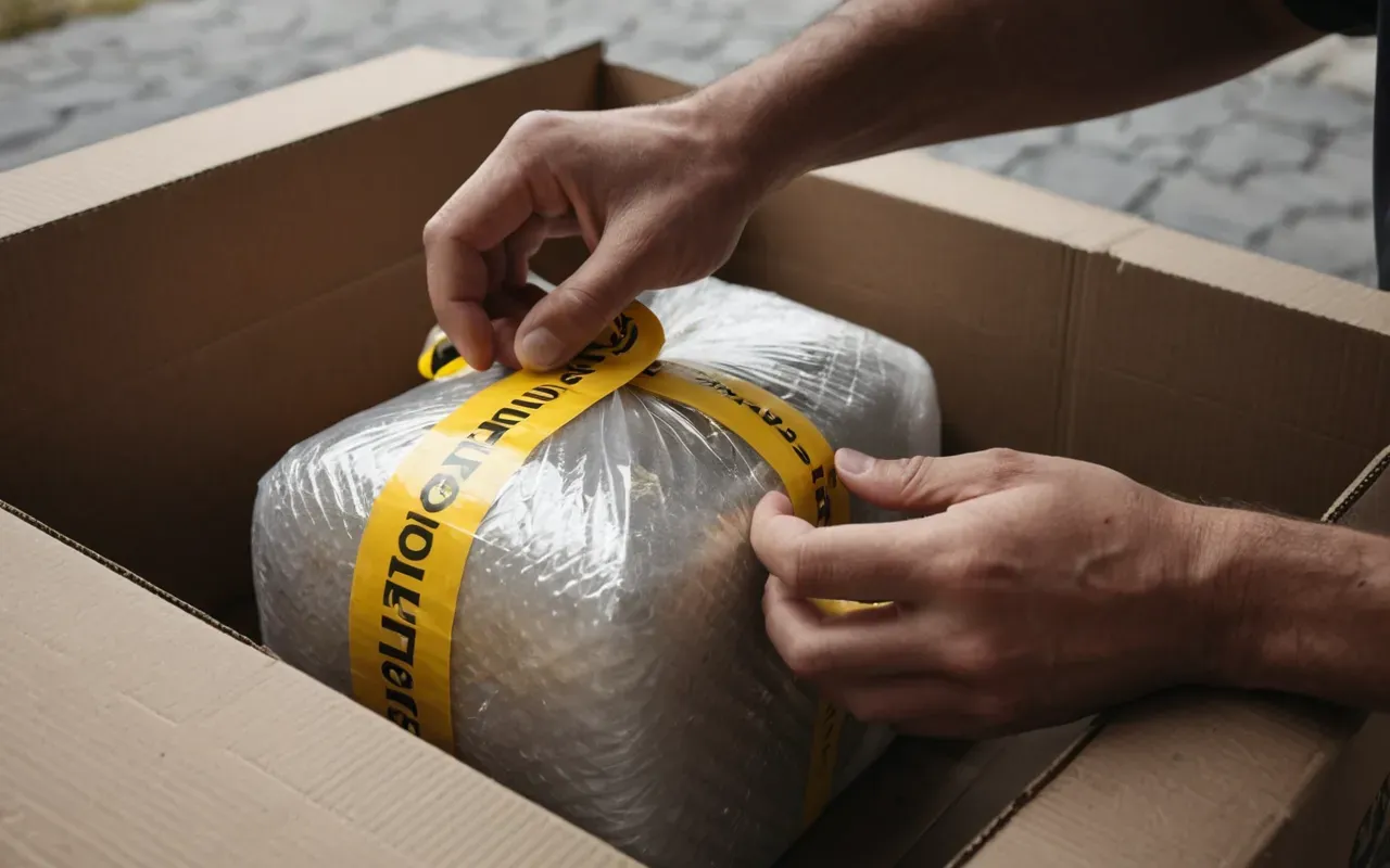 kolileme A detailed shot of hands carefully wrapping a ceramic vase in thick bubble wrap and securing it with yellow packing tape inside an open cardboard box, highlighting the protective packaging process.