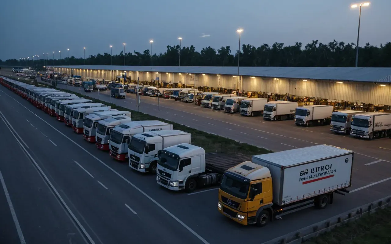 uluslararası nakliyat bekleme süresi A modern logistics hub at dusk with trucks waiting in a long line under floodlights. The scene is calm but tense, showing the scale of international transport delays without any visible text or national flags.