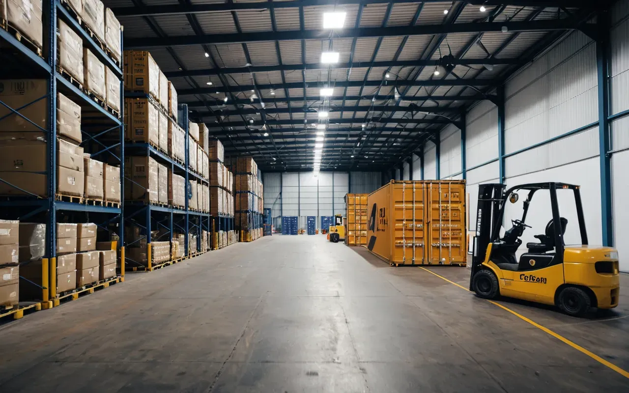 lojistik operasyonu A modern logistics warehouse with neatly stacked shipping containers and forklifts moving in the background under bright artificial lighting. The scene is clean and organized.
