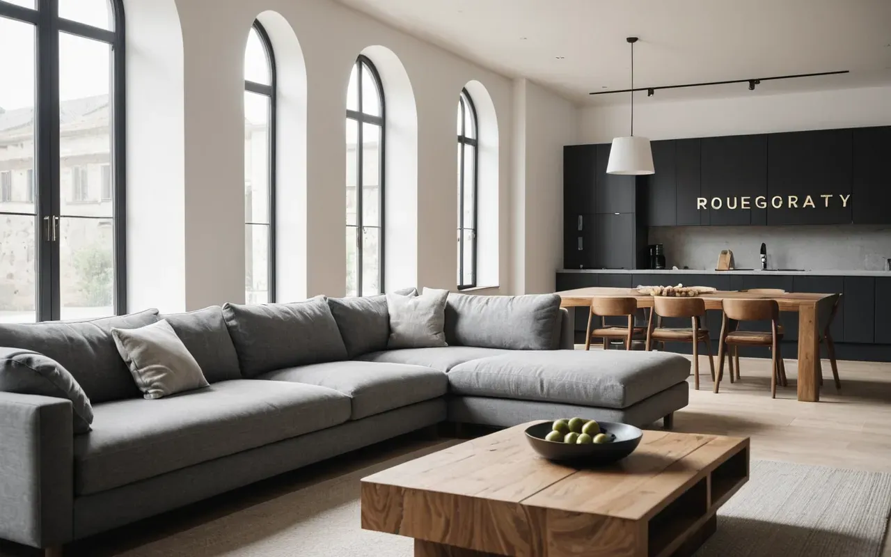 evden eve nakliyat A modern minimalist living room with a grey sofa and wooden coffee table, large windows letting in bright natural light, clean architectural lines, neutral color palette.