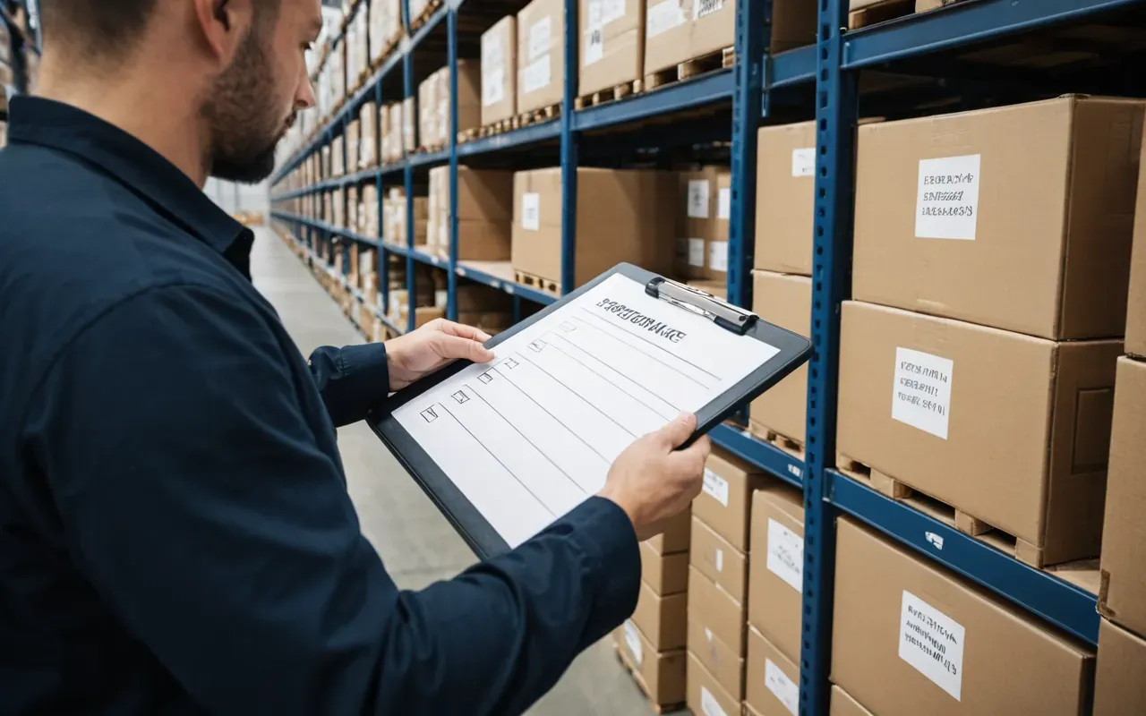 kontrol listesi A professional hand holding a clipboard with checkboxes next to stacked shipping boxes in a bright, modern warehouse setting, focusing on the inspection process without showing any written text or logos.