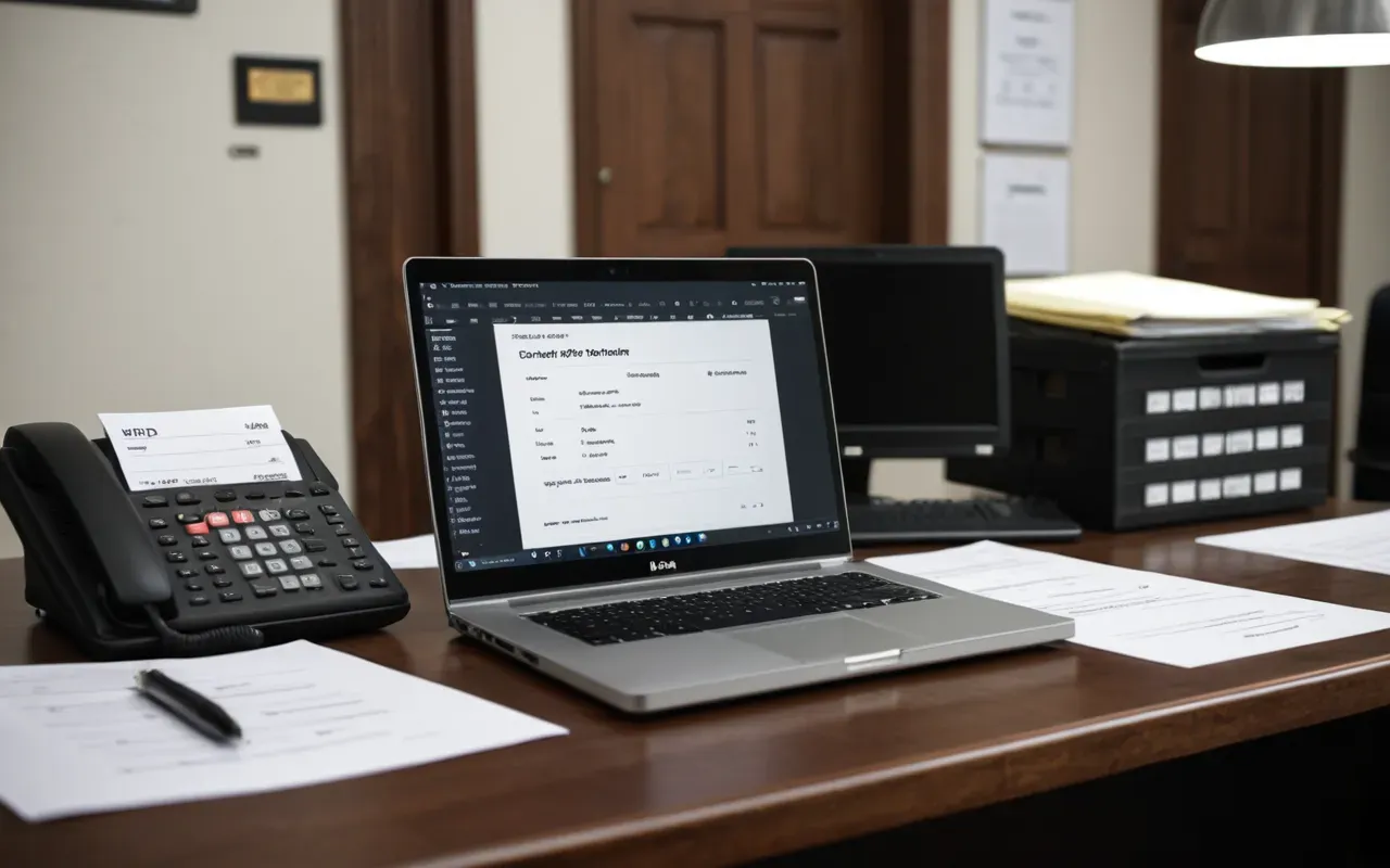 A professional office scene with documents neatly arranged on a desk next to a laptop showing shipping manifests and soft overhead lighting.