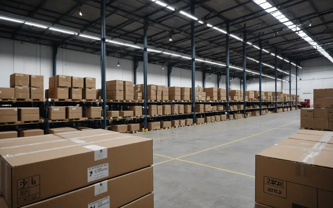 A wide shot of a modern logistics warehouse with neatly stacked cardboard boxes on wooden pallets and soft industrial lighting creating a clean professional atmosphere.