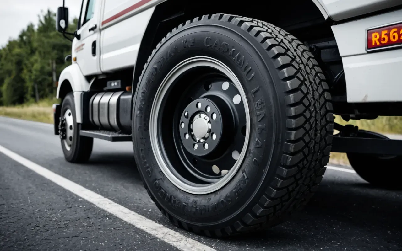 ağır vasıta yolculuk detayı Close up of a heavy duty truck tire and chassis on an asphalt road. The lighting is natural daylight. Focus on the mechanical details and wear patterns showing long distance travel without any visible logos or text.