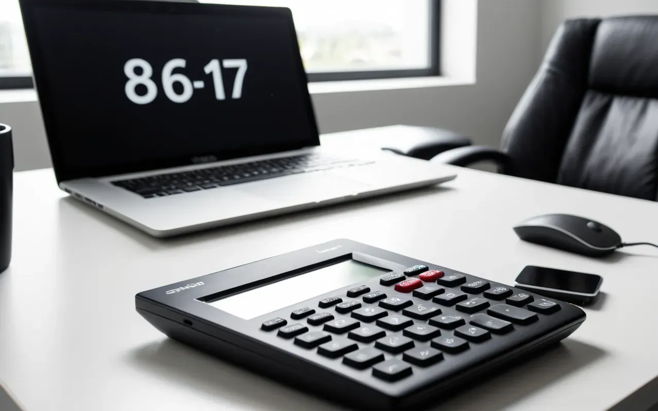gümrük beyanı Close-up of a modern office desk with a laptop and calculator on a clean white surface, soft daylight from the side, professional editorial photography style, neutral tones.