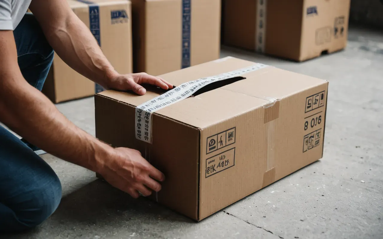 Close-up of hands carefully sealing a cardboard box with packing tape on a concrete floor surrounded by other packed boxes and soft natural light.