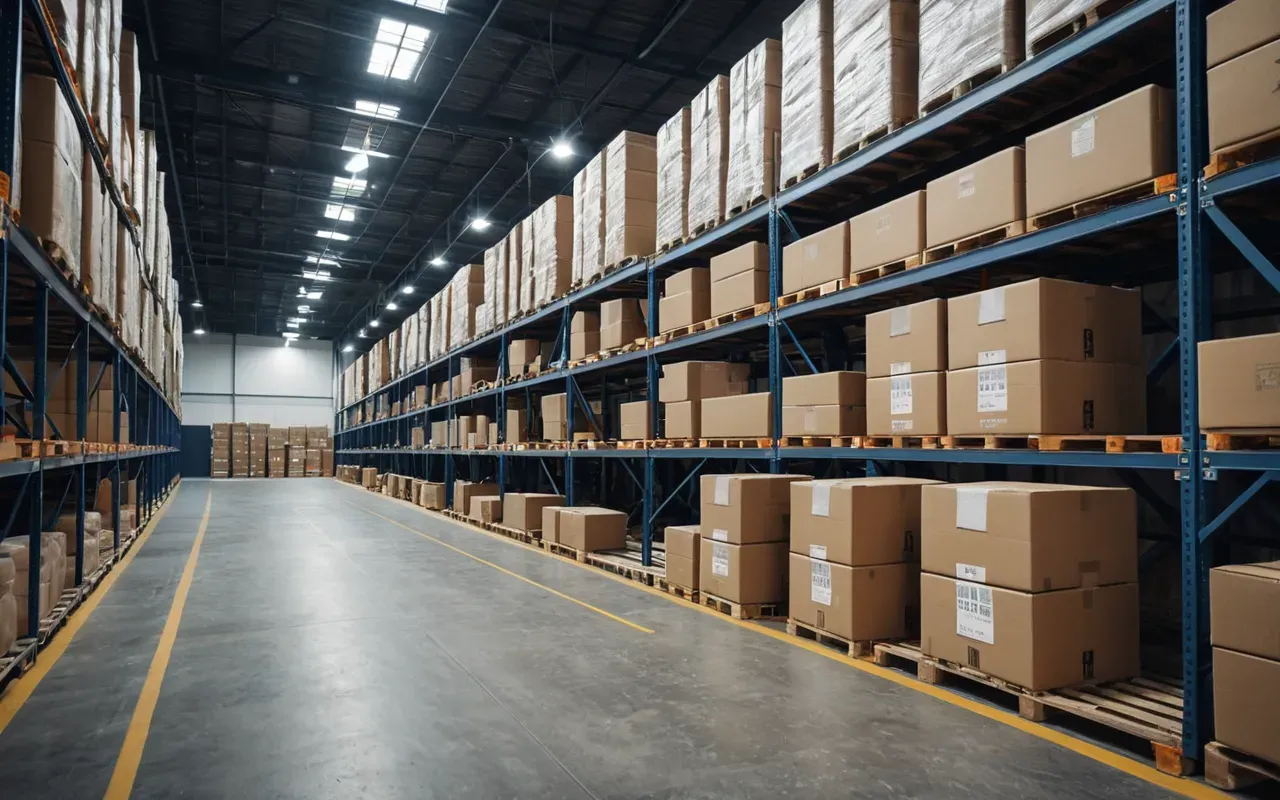 lojistik süreci Interior of a modern logistics warehouse with neatly stacked cardboard boxes on wooden pallets, bright industrial lighting, clean concrete floor, professional photography.