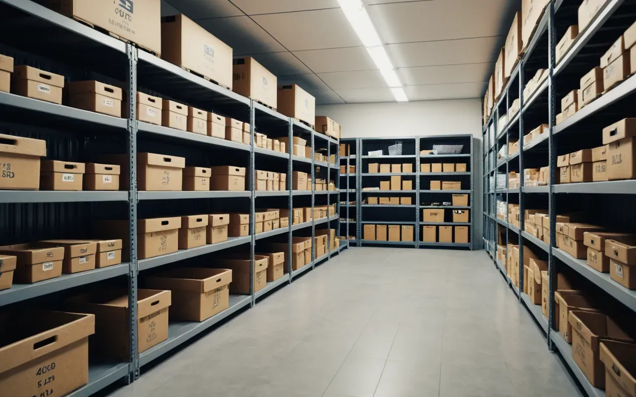 Interior view of a modern container interior with neatly organized boxes secured on shelving units and clean bright lighting highlighting the orderly space.